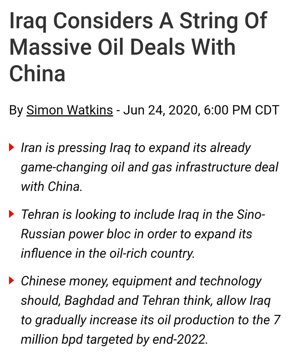 Iraq’s Electricity Minister Louay al-Khateeb wrote: “China is our primary option as a strategic partner in the long run...We started with a US$10 billion financial framework for a limited quantity of oil to finance some infrastructure projects... https://oilprice.com/Energy/Energy-General/Iraq-Considers-A-String-Of-Massive-Oil-Deals-With-China.html