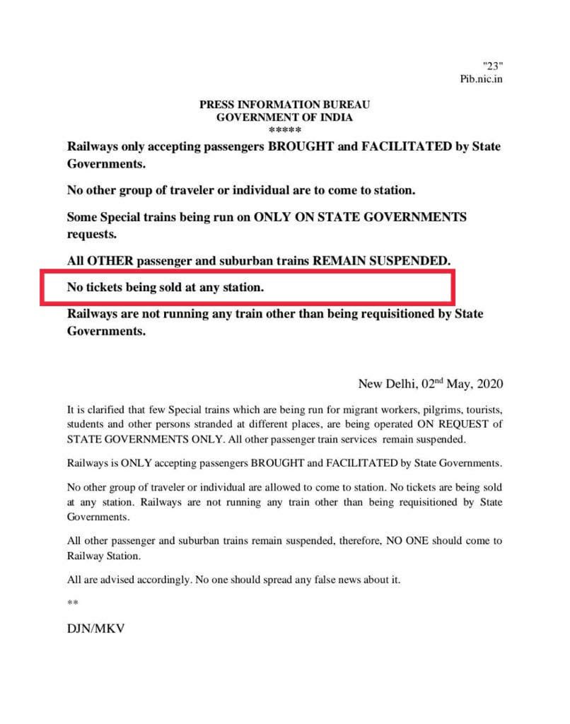 He Claimed That Indian Railway is Earning by Making Labourers to Pay And He Claimed that Indian Railways Earned 428Cr ₹ .FACT CHECK IS THATGUIDELINES of MHA which clearly states that “No tickets to be sold at any station”