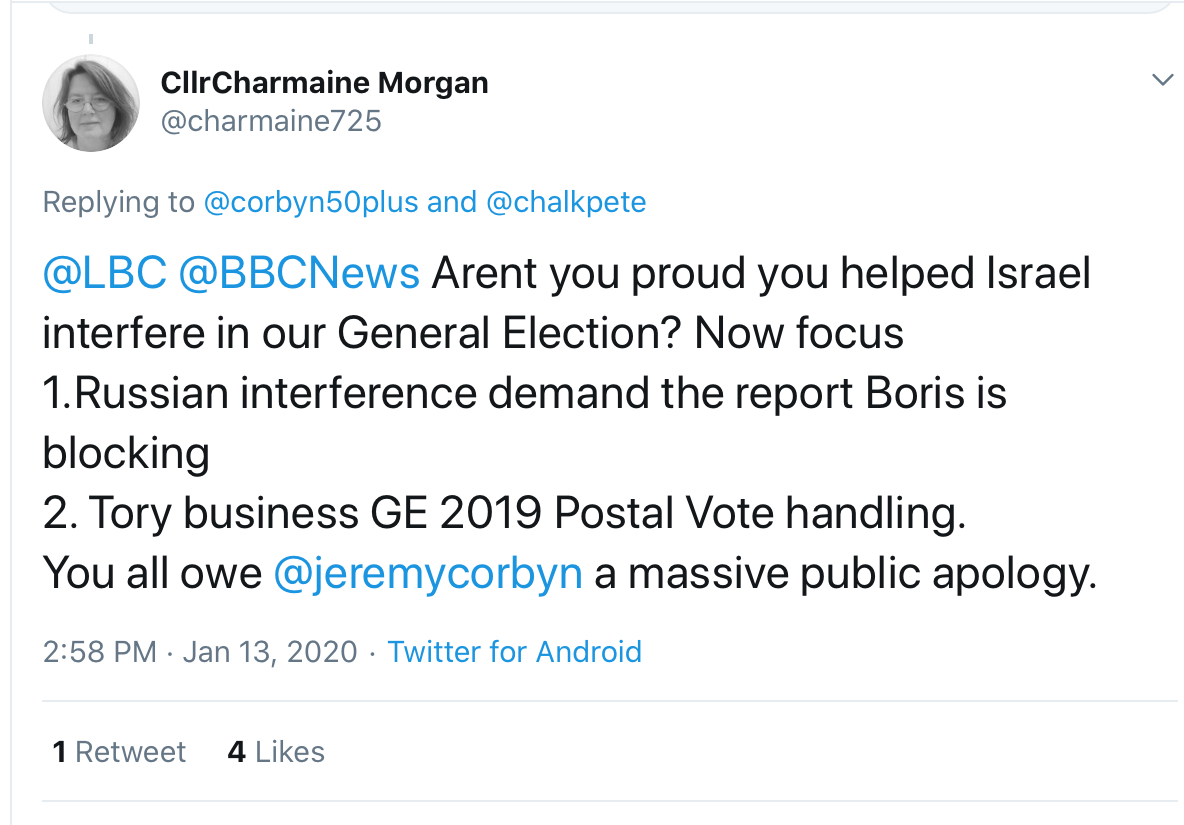 Here we see Cllr Morgan stating that Israel interfered in the December 2019 UK election.