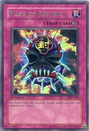 Yu Gi Oh Card Of The Day 599 Mask Of Restrict First Released In Japanese In 01 And In English In 03 Did You Know That The Kanji 生贄封 On This Mask Yu Gi Oh Card Of The Day 599 Mask Of Restrict First Released In Japanese In 01 And In English In 03 Did You Know That The Kanji 生贄封 On This Mask