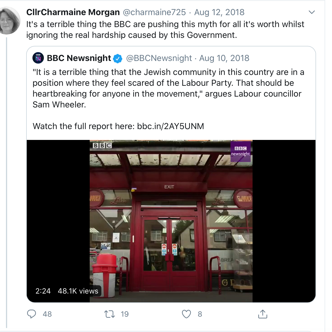 Cllr Morgan has herself regularly posted antisemitic material & i will post some examples here.In this tweet she attacks the Panorama whistle-blowers and refers to the “antisemitism myth”