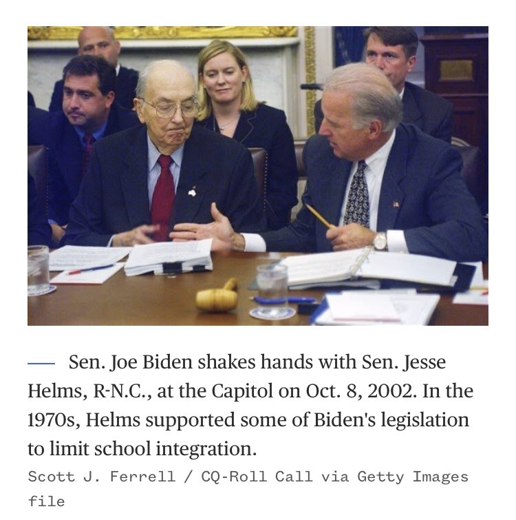 Joe Biden w/ his good friend, white-supremacist Sen. Jesse Helms. Helms & Jim Crow Joe worked together & passed anti-Black legislation.Like Joe, Helms wanted separate & unequal schools.Angry over integration, Helms use to call UNC the “University of Negroes & Communists”