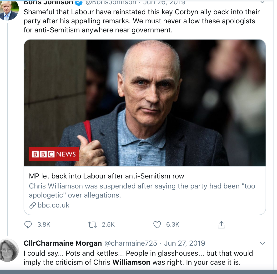 And of course, Cllr Morgan is supportive of Chris Williamson, expelled from Labour for anti-Jewish racism.
