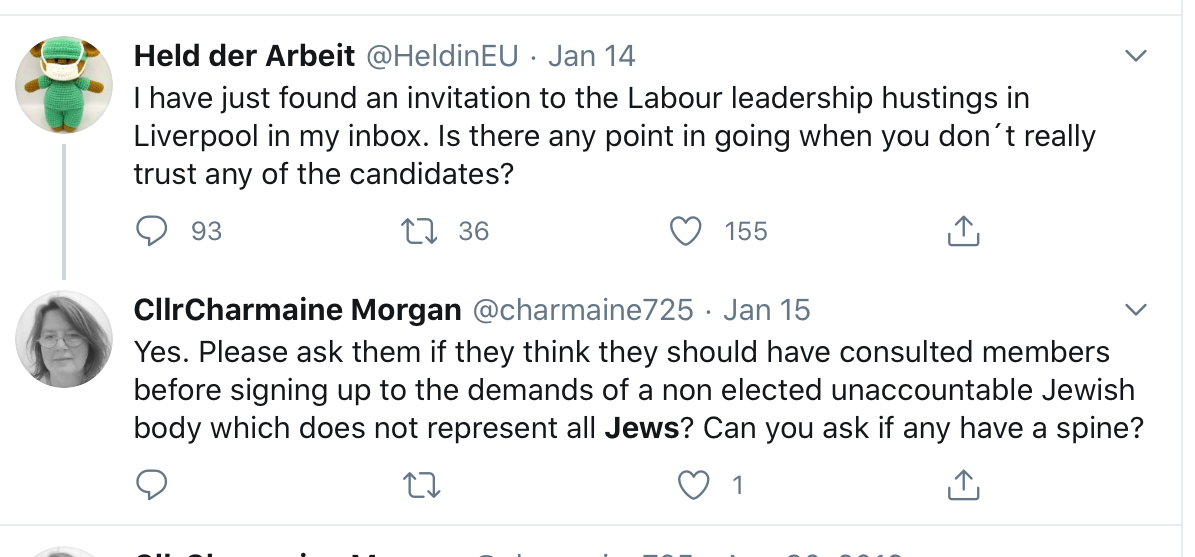 Lastly, Cllr Morgan attacked the recent Lab leadership candidates for signing up to  @BoardofDeputies 10 pledges & attacked the BoD for being unelected. Which is of course simply incorrect as well as being racist & offensive.