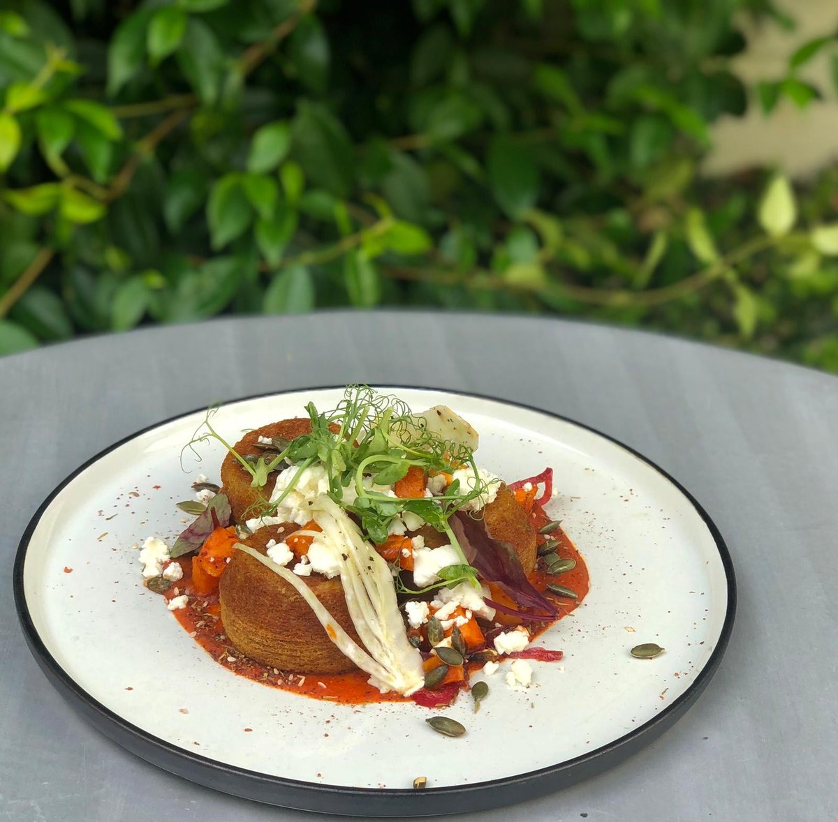 It's always betta with feta! This weekend's vegetarian special - 
feta, romesco, sweet potato , caramelised onion, chickpea cakes.
#GrosvenorArmsShaftesbury