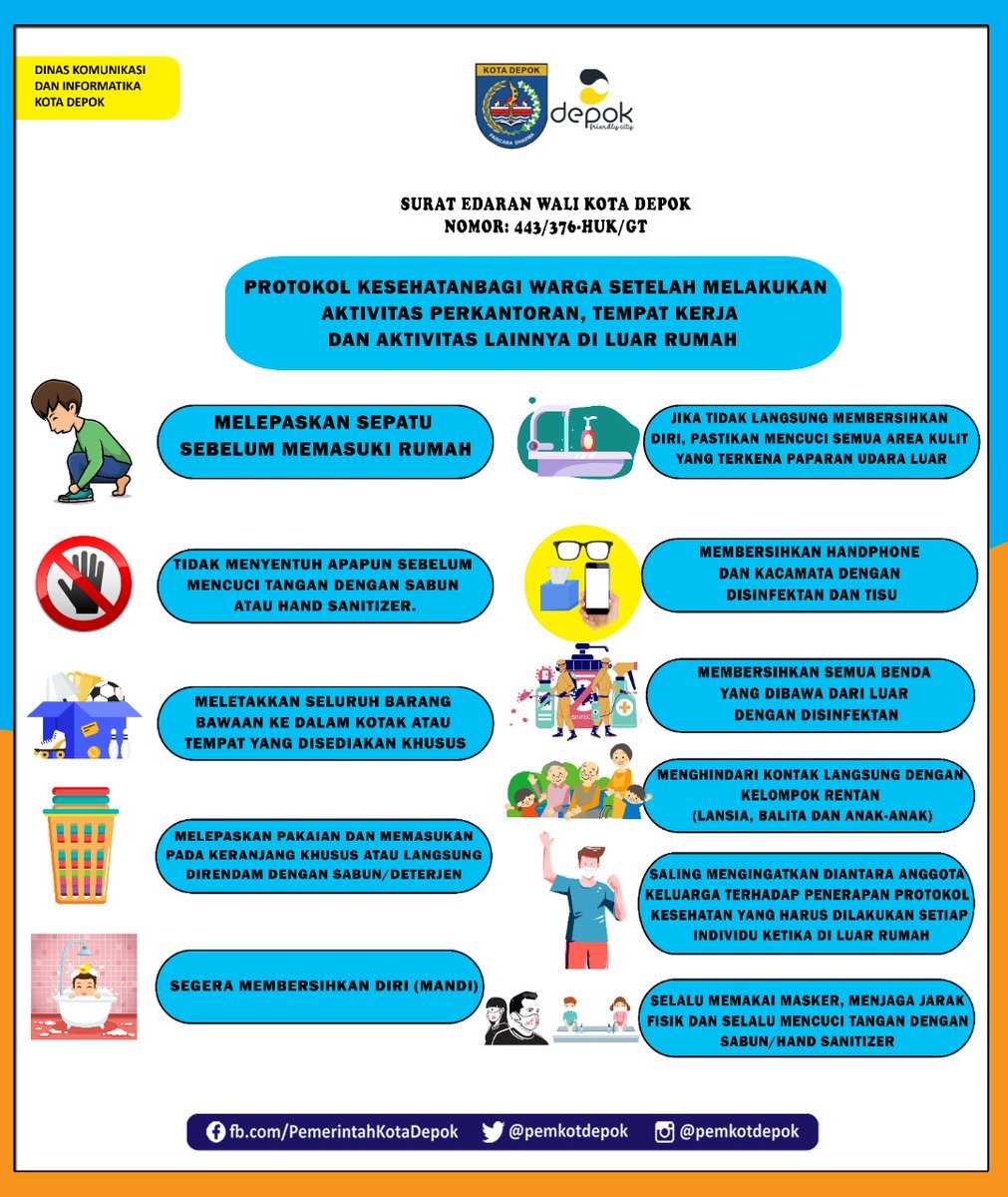 Siang #SobatDepok. Admin ingatkan, jangan lupa menerapkan #ProtokolKesehatan ketika sedang dan setelah melakukan aktivitas ya!
Berikut protokol kesehatan setelah melakukan aktivitas perkantoran, tempat kerja, dan aktivitas lainnya di luar rumah. Yuk disimak.