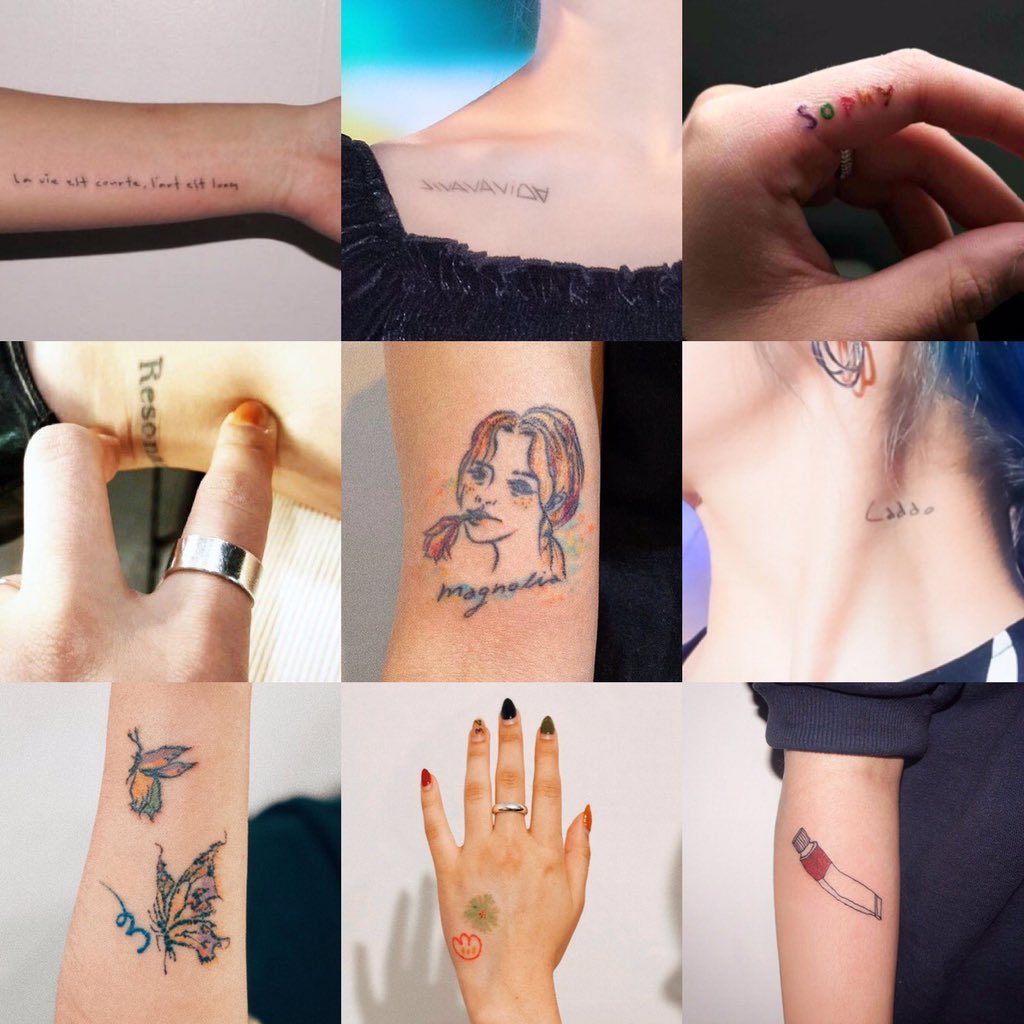 both taeyeon and wheein love tattoostaeyeon has 10 tattoos + 2 uv (but the nasa ain’t confirmed yet)wheein has 11 tattoos(as of today bc the girls might still add tattoos)