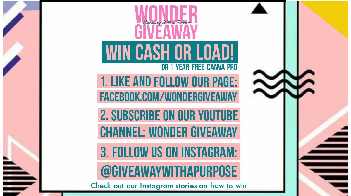 giveawayphi's tweet image. Want to win a cash or load? Or 1 year free Canva Pro? 

1. Like and follow our page: fb.me/wondergiveaway
2. Subscribe on our YouTube:  Wonder Giveaway bit.ly/YT-wondergivea…
3. Follow us on Instagram: instagram.com/giveawaywithap…