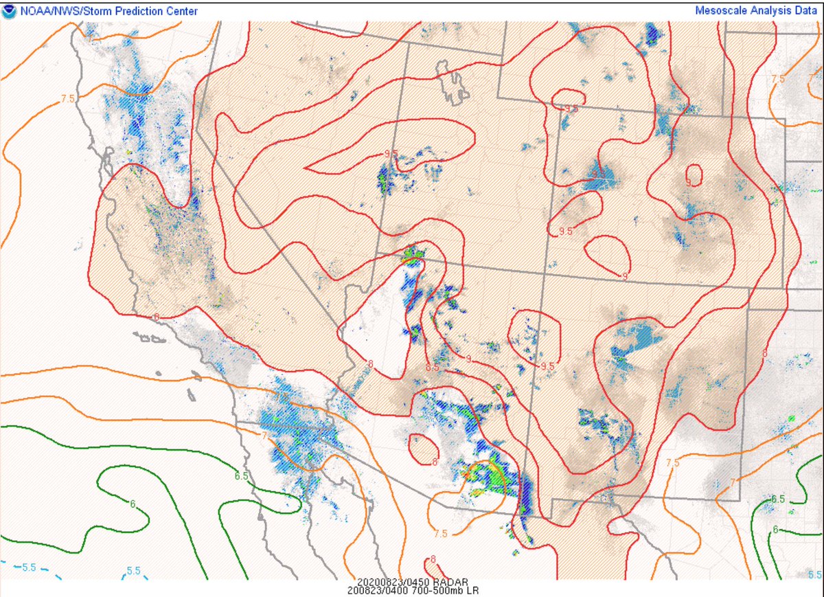 While some of the sounding profiles have skinny CAPE aloft, it is moist aloft due to Genevieve's remnants which could strengthen typically weak updrafts associated with skinny CAPE. Additionally, there are a pool of steeper mid-level lapse rates hanging out over California  #Cawx