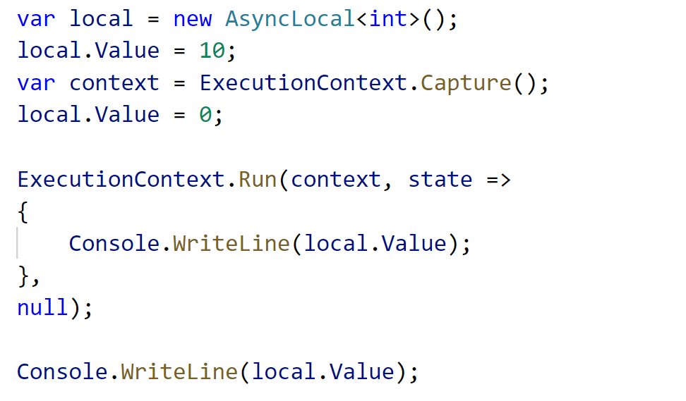 At the lowest level, and API can choose to capture the execution context and then run a callback under that context. This callback will revert to the existing context on the way out. The below will print 10 then 0.