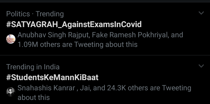 student0P's tweet photo. 3 HASTAG Trending at the same time it tells Everyone about what Whole Nation is thinking!!
Please Postpone JEE MAINS and NEET Exams 🙏🙏
@DrRPNishank @narendramodi @Swamy39 @nitin_gadkari

#SATYAGRAH_AgainstExamsInCovid 
#Webelievein_Swamiji
#NationWantsJEE_NEETPostponement https://t.co/SdumC7Dbw3