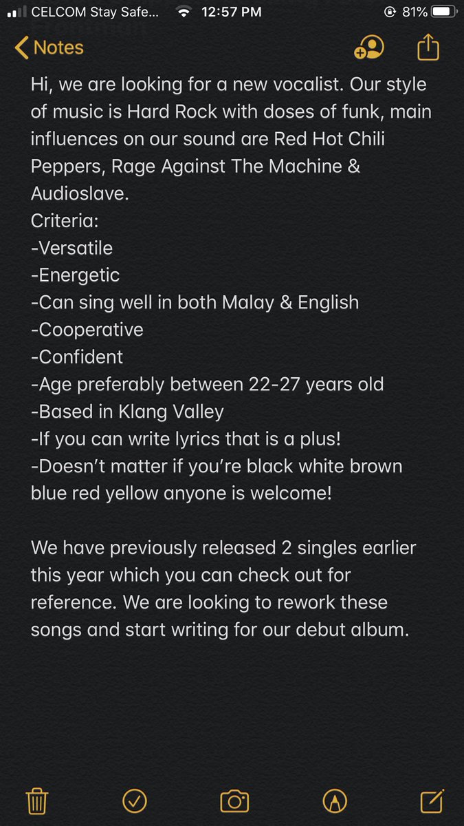 Hello, we are looking for a new vocalist. Sila DM kami jika anda berminat 😁

Pls help spread this around 🙏🏻