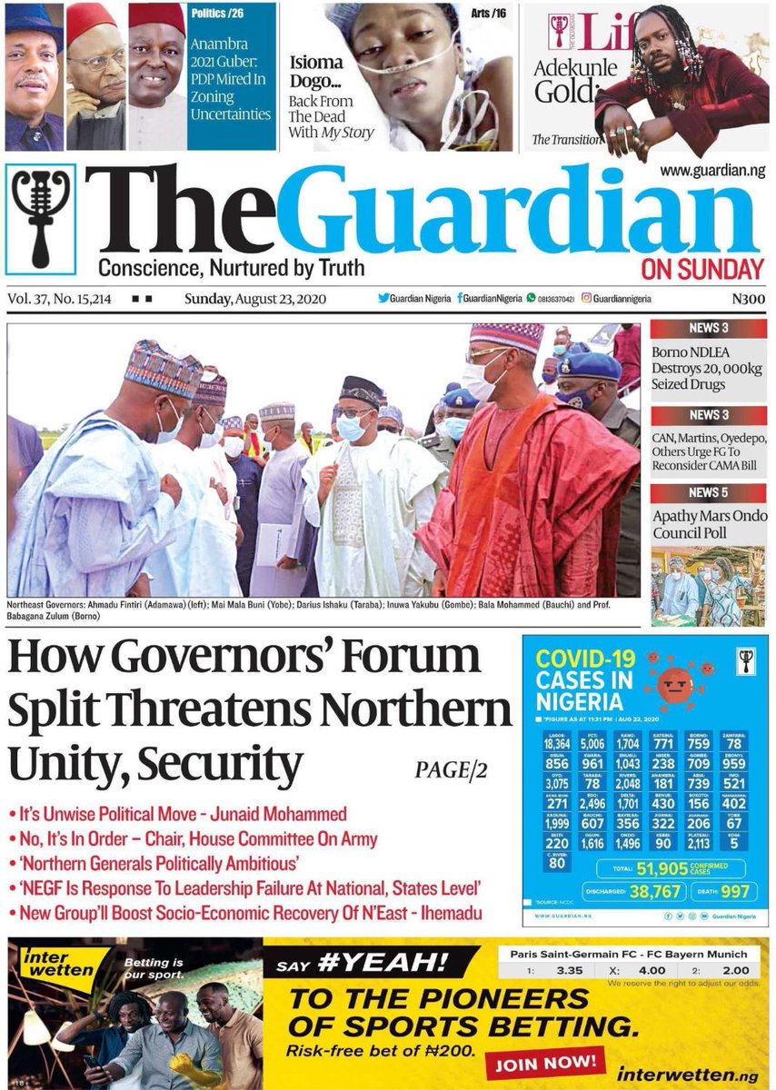 AramideOyekunle's tweet image. Today in The Guardian – How Governors’ forum split threatens Northern unity, security. Get a copy.⁣
⁣
#NorthernUnity #Insecurity #FrontPage #Headline #Business #Politics #Sports #Entertainment  #News #Nigeria #NigerianNews #Africa