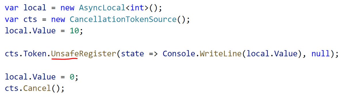 OR you can pray the API has an "unsafe" alternative. Unsafe in the threading APIs means "don't capture the execution context", it really has nothing to do with the unsafe keyword in C# (I wasn't there when this pattern was invented ):