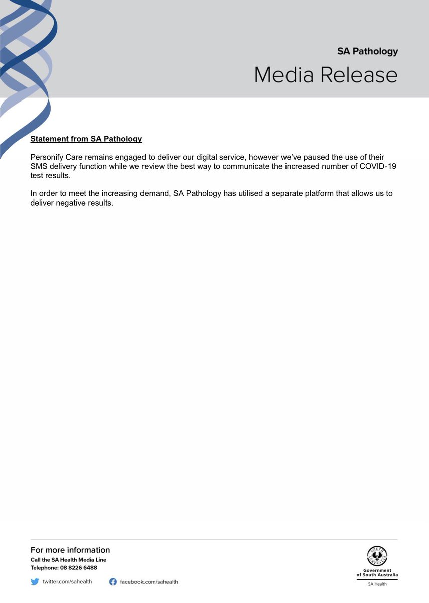 SA Pathology would like to respond to a recent media report on Channel 7 news and reiterate that we continue to work with Personify Care.
There has been no data or privacy breaches associated with the use of the product.
SA Health's full statement can be found below.