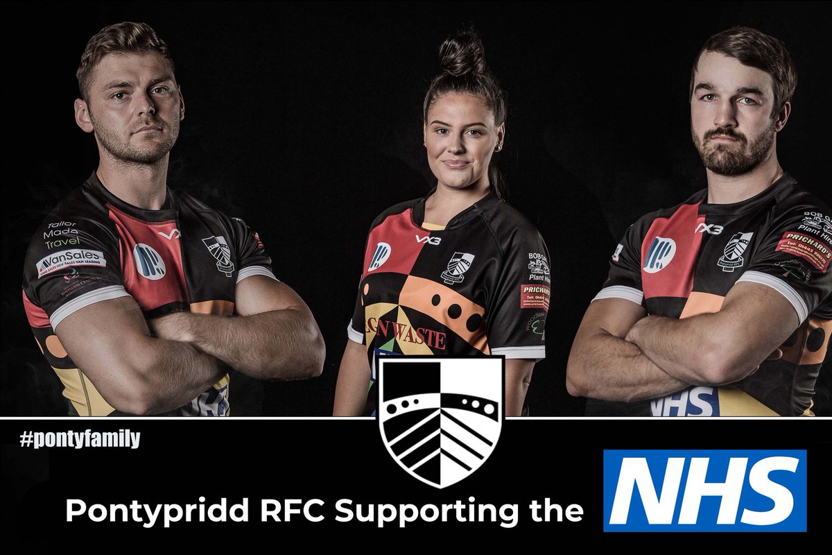 PontypriddRFC's tweet photo. Pontypridd RFC are proud to be supporting the NHS next season as their chosen charity. 
@abbeyparfitt  a nurse from Royal Glamorgan Hospital showing off the New Ponty Rainbow shirt with @AlexWebber14 and @StuckeyDale 
#Pontyfamily #WearePonty #NHS @CwmTafMorgannwg  @VX3apparel https://t.co/HZuaiEoB1u