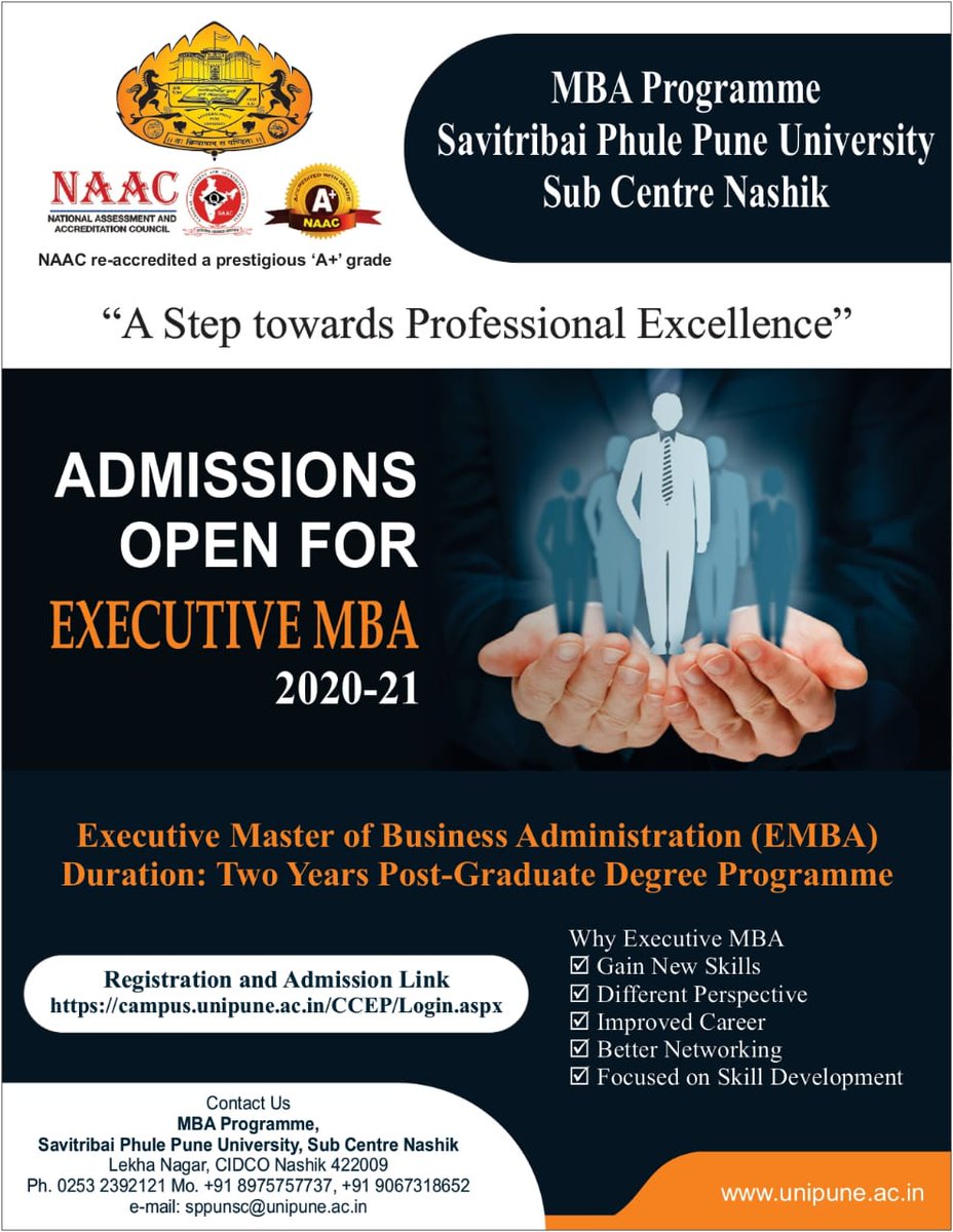 mbasppuscn's tweet photo. Admissions open for Executive MBA 

Savitribai Phule Pune University launches Executive MBA program at Sub Centre Nashik, offering working professionals the ideal lunch pad for a wider career. 

For queries contact (253) 2392121 

#career #mba #careers #executives #Bschool https://t.co/bRRFprGLNK