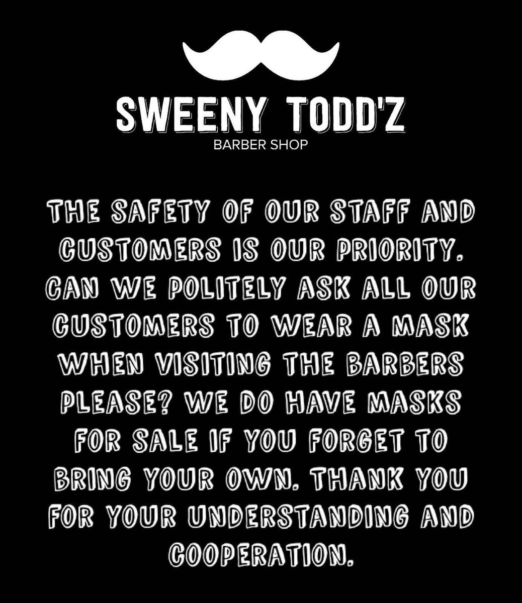 The health &amp; safety of our staff and customers is our main priority. Can we politely ask all our customers to wear a mask when visiting the barbers please. We do have masks for sale if you forget to bring your own. Thank you for your understanding and cooperation. Stay safe ✌️