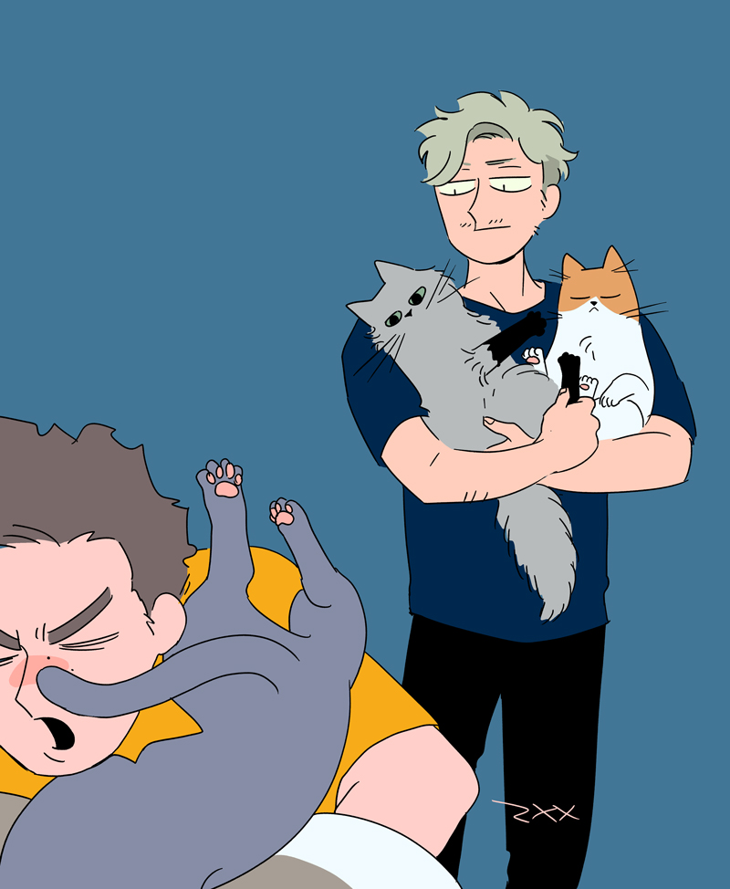 「苦戦する友人を静観する猫派 」|ZXXのイラスト