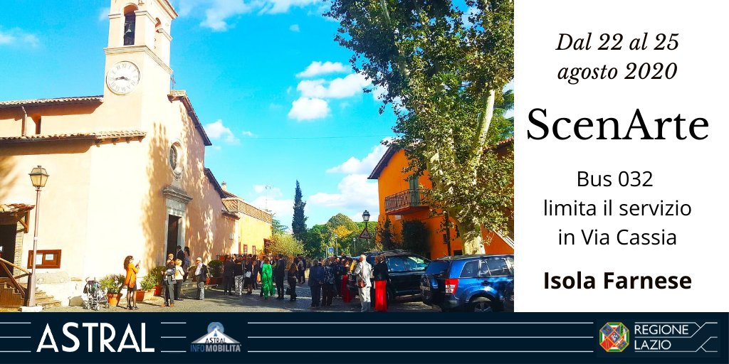 astralmobilita's tweet photo. 📢👥🚌 #IsolaFarnese
fino al #25agosto per consentire lo svolgimento del festival del teatro urbano #ScenArte,la linea #bus032 sarà limitata in #ViaCassia,non transiterà in #ViaIsolaFarnese e #PiazzaDellaColonnetta
@TplRoma @CinqueNews @romatoday @RegioneLazio
#viabiliLAZ https://t.co/7zs7LSz7ka