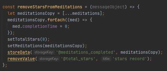 Next is the SettingsScreen:Here setMeditations is used to delete progress and to delete stars.