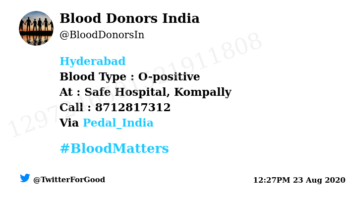 BloodDonorsIn's tweet photo. #Hyderabad
Need #Blood Type :  O-positive
At : Safe Hospital, Kompally 
Blood Component : Need Plasma from O+ve #COVID19 recovered patient.
Primary Number : 8712817312
Via: @Pedal_India
#BloodMatters
Powered by Twitter https://t.co/oGmg7QVjvX