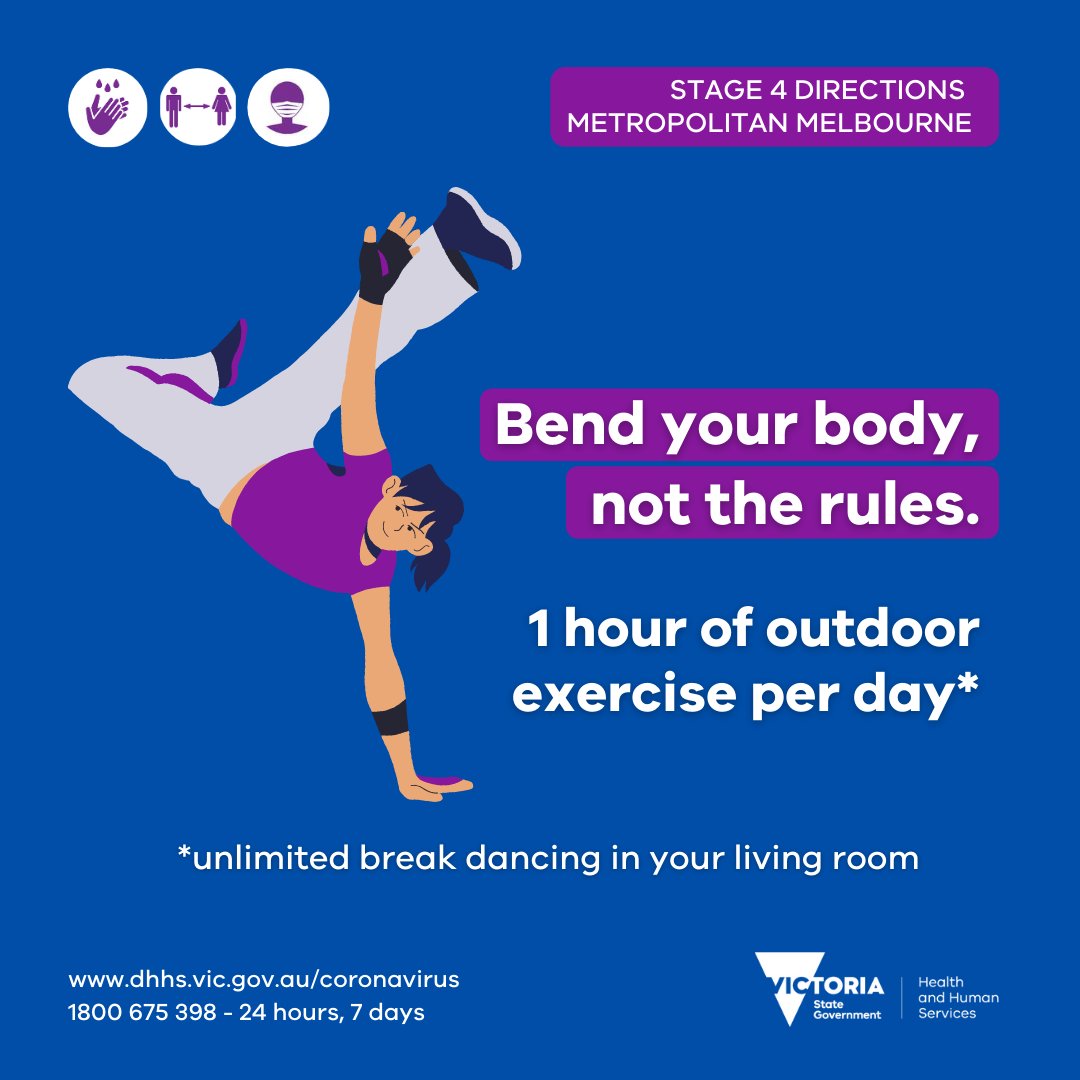 Move your body one playlist at a time and dance like no one is watching. 💃 🕺🏾 
 
Get your daily exercise in: 1 hour, once a day, between 5am and 8pm, within 5km of home. 
Please wear a mask unless the activity is strenuous.

More info: dhhs.vic.gov.au/sport-and-exer… 
#COVID19Vic