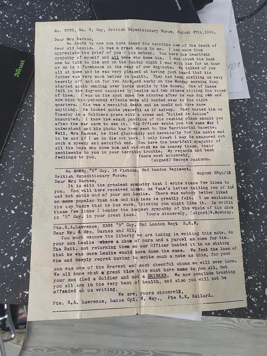 His friends and officers wrote to my great grandmother Helen-Louisa to express their sympathies and offered a sanitised account of his death. These copies of the letters were made by my aunt Joan in the 1920s.