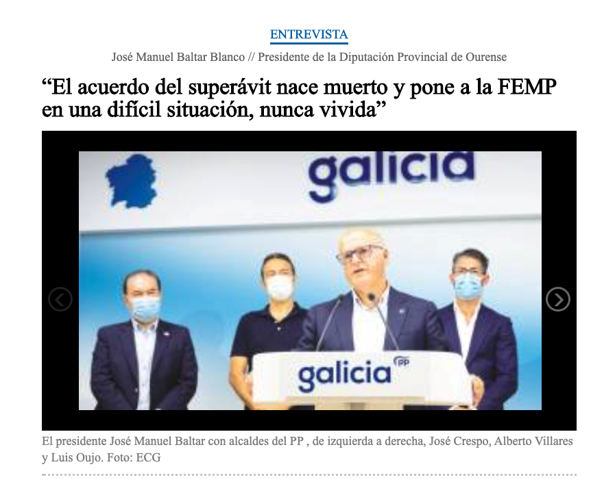 DeputacionOU's tweet photo. ENTREVISTA en @elcorreogallego 
@ManuelBaltar  // Presidente de la @DeputacionOU

“El acuerdo del superávit nace muerto y pone a la @fempcomunica en una difícil situación, nunca vivida”

https://t.co/GwdLWcNYUK https://t.co/BKVVp18gti