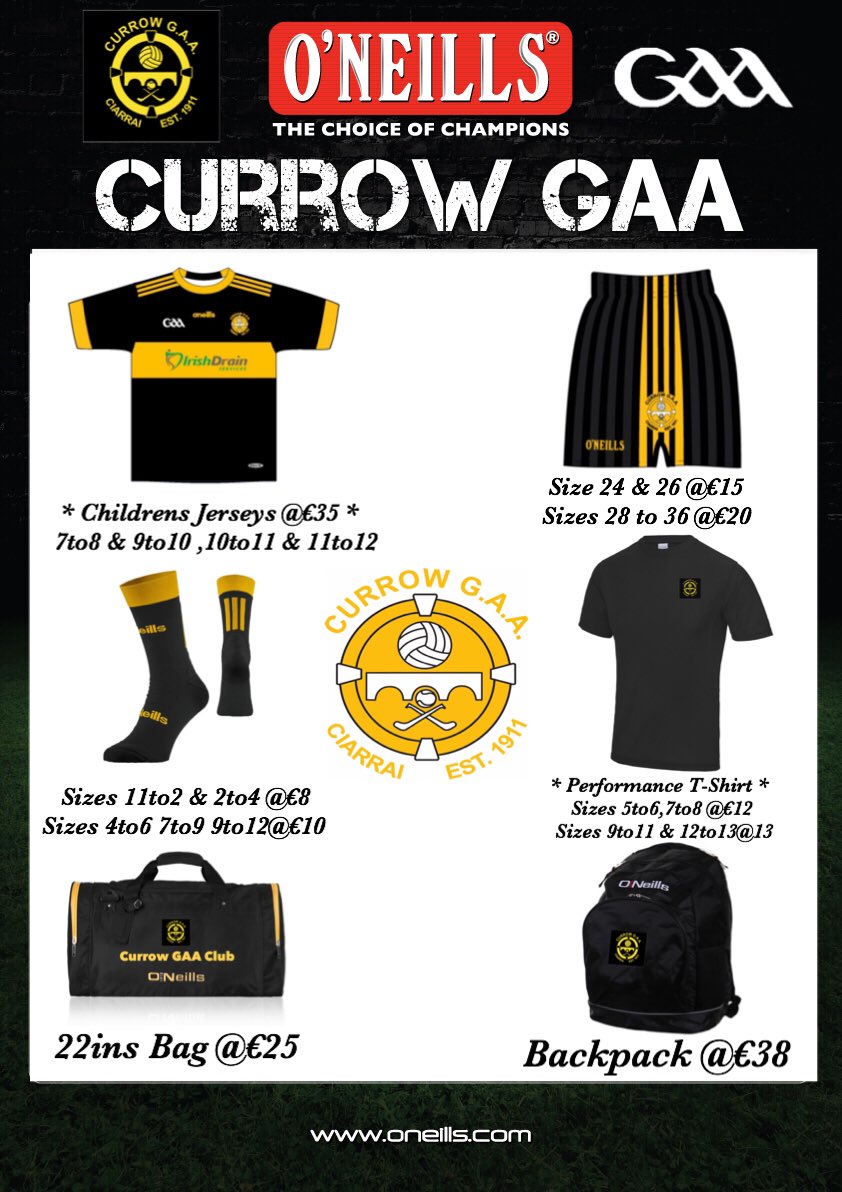 vincmurphysport's tweet photo. Call to @vincmurphysport to view the @CurrowGAAClub Gear. We have the new Irish Drains Jersey @BrosnanLiam, Club Shorts, T-Shirts, mini socks, 22ins bag and the new “ Back to School” Backpack.
#SupportingTheCommunity
#ShopLocalStayLocal ⚫️🟡⚫️ https://t.co/Vs4zroD3Hc