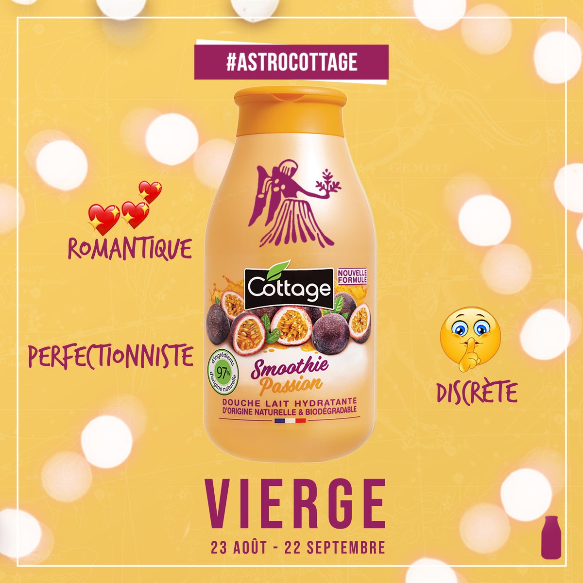 CottageOfficiel's tweet photo. Jusqu’au 22 septembre, nos ami(e)s Vierge sont à l’honneur. Humbles, perfectionnistes, romantiques et séductrices dans l’âme, elles fondent littéralement pour notre Douche Lait Hydratante Smoothie Passion 97% d’ingrédients d’origine naturelle ! 💓 https://t.co/shQtWYbWSF