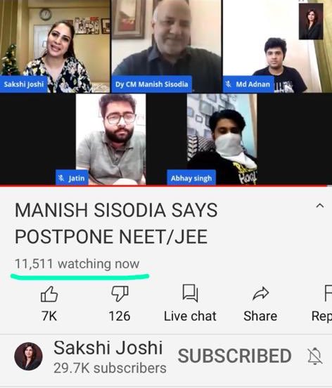 sakshijoshii's tweet photo. दिल्ली के शिक्षा मंत्री @msisodia जी ने #NEETJEE छात्रों की परेशानी सुनी,हौसला बढ़ाया।ऐसे समय में जब ये छात्र बेहद परेशान हैं,देश के शिक्षा मंत्री @DrRPNishank जी को इनका अनुरोध गंभीरता से सुनना चाहिए
देखिए इस बातचीत का RESPONSE 
11,511 छात्र LIVE #SATYAGRAH_AgainstExamsInCovid https://t.co/497bS7zjjt