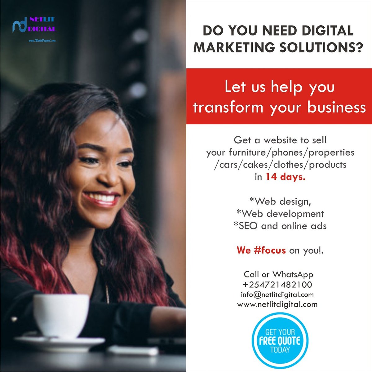 NetlitDigital's tweet photo. Get a free logo from us today. We are that caring. Call/WhatsApp +254721482100 or visit https://t.co/UfmpJnHk7v today!!
#SautiSol #Sunday #Webdesign #webdesignkenya #Kenya #Sifuna #Kilimani #Ngong #Donholm #Murkomen #Top #NetlitDigital https://t.co/vFDRVfGi1V