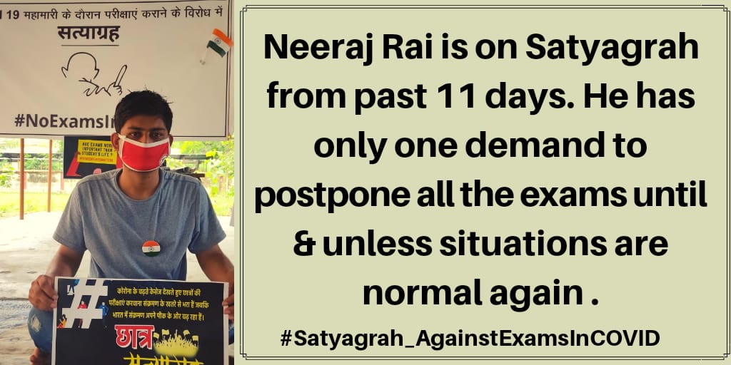 NetizenWeb's tweet photo. BHU student Neeraj is sitting on satyagrah from last 11 days inside the campus against different exams being conducted across the country amid corona pandemic. He's demanding no exams before everything is normal.
@ineeraj786
#SATYAGRAH_AgainstExamsInCovid https://t.co/sQ5Is9KII3