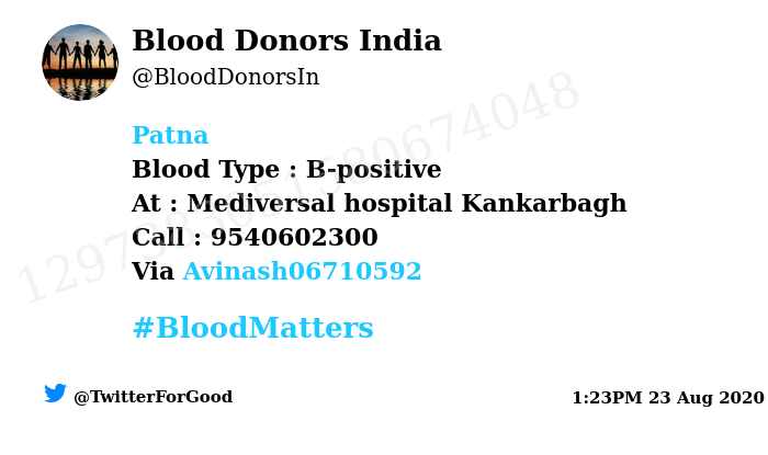 BloodDonorsIn's tweet photo. #Patna
Need #Blood Type :  B-positive
At : Mediversal hospital Kankarbagh
Blood Component : Need Plasma from B+ve #COVID19 recovered patient.
Primary Number : 9540602300
Via: @Avinash06710592
#BloodMatters
Powered by Twitter https://t.co/BTCaq1bt2n
