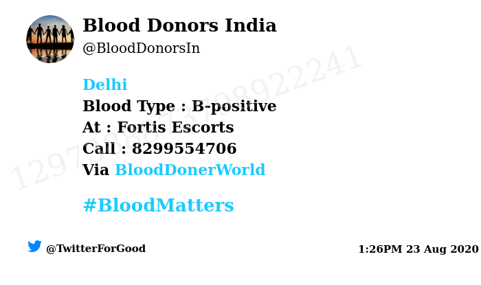 BloodDonorsIn's tweet photo. #Delhi
Need #Blood Type :  B-positive
At : Fortis Escorts 
Blood Component : Need Plasma from B+ve #COVID19 recovered patient.
Primary Number : 8299554706
Via: @BloodDonerWorld
#BloodMatters
Powered by Twitter https://t.co/c2IcjzTi4r