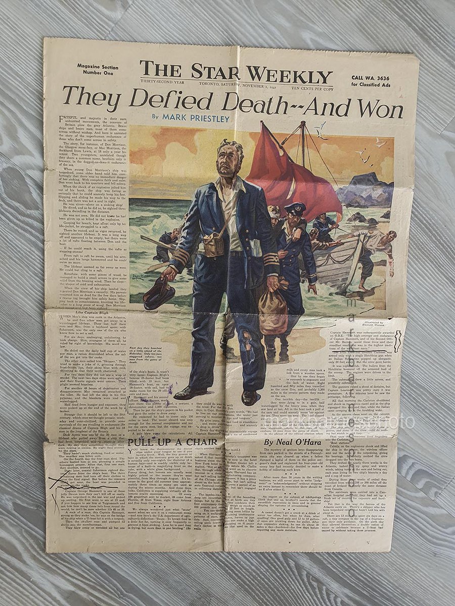 This fanciful artwork is from the Toronto Star. Edward had to "finish off" men who drank sea water who endangered the boats. There were ten survivors. 29 men had died. Captain Hammett had also drunk sea water and was delirious. Edward had him tied down.