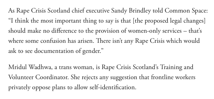 Sally Brindley, the Chief Executive of Rape Crisis Scotland, is also quoted in the article (though not a direct quote).So the likelihood that women at the Rape Crisis Centre didn’t know he was a man is … um … coming in at … let’s see … close to zero.