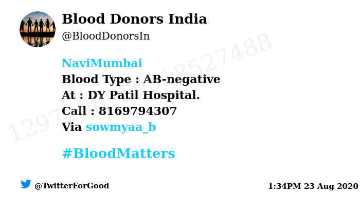 BloodDonorsIn's tweet photo. #NaviMumbai
Need #Blood Type :  AB-negative
At : DY Patil Hospital. 
Blood Component : Blood
Number of Units : 3
Primary Number : 8169794307
Via: @sowmyaa_b
#BloodMatters
Powered by Twitter https://t.co/tXGZIXBTWq