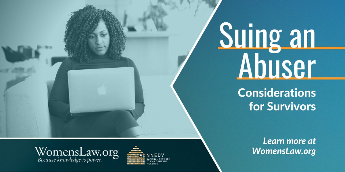 WomensLaw's tweet photo. Suing an abuser can be one way for survivors to seek justice for the abuse they've experienced. This can include damages (payment) for medical bills, lost wages, physical and emotional pain, and more. Keep reading: https://t.co/72J8QMKjgP #KnowWomensLaw https://t.co/QCHczEzsL2