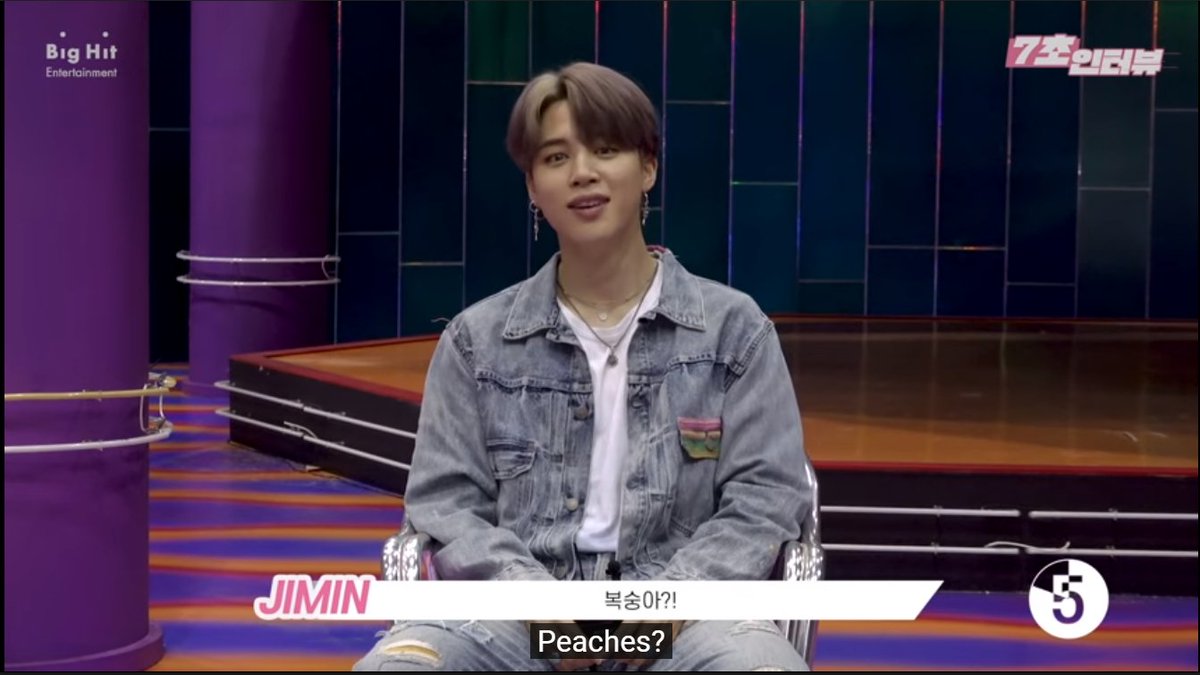 Q: what do you want to eat after this interview/filming? (i forgot the exact words): hmmm *thinks*: peaches? *laughs**time ends**realizes what he really wants to eat*: oh.. it was actually kimbap..KSKDASJDSKDF WHAT A CUTIE #MTVHottest BTS  @BTS_twt