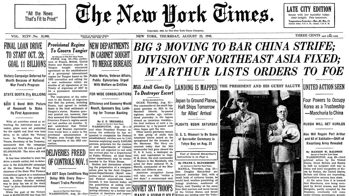 Aug. 23, 1945: Big 3 Moving to Bar China Strife; Division of Northeast Asia Fixed; M'Arthur Lists Orders to Foe  https://nyti.ms/2Ysmqin 