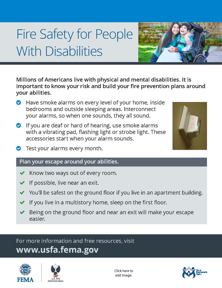 This week’s theme is “Fire Safety for People with Disabilities.” Millions of Americans live with physical and mental disabilities. It’s important to know your risk and build your fire prevention plans around your abilities.  #FireSafetyTips #BeSafe #PlanAroundYourDisabilities