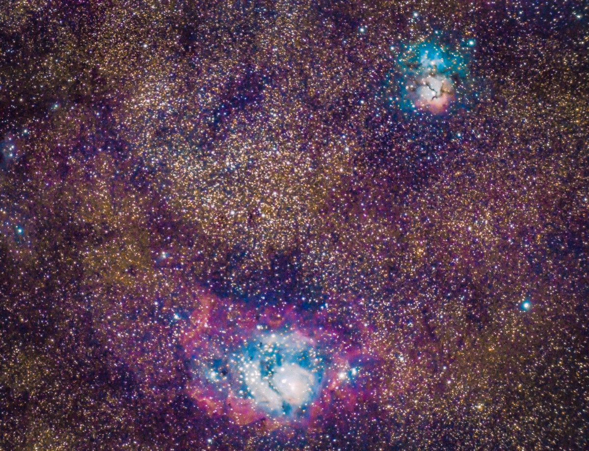 AstronomiaRivas's tweet photo. Vamos con un reprocesado de la #nebulosa de la #laguna y la #trifida! https://t.co/rrRu4pDB9m
