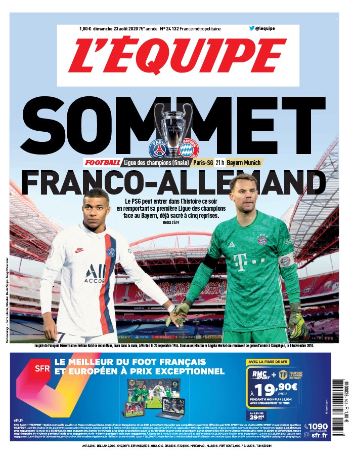 Venons-en à "L'Equipe", le seul quotidien sportif français, rappelons-le. Evidemment la une est (hors pub) intégralement consacrée à la finale.