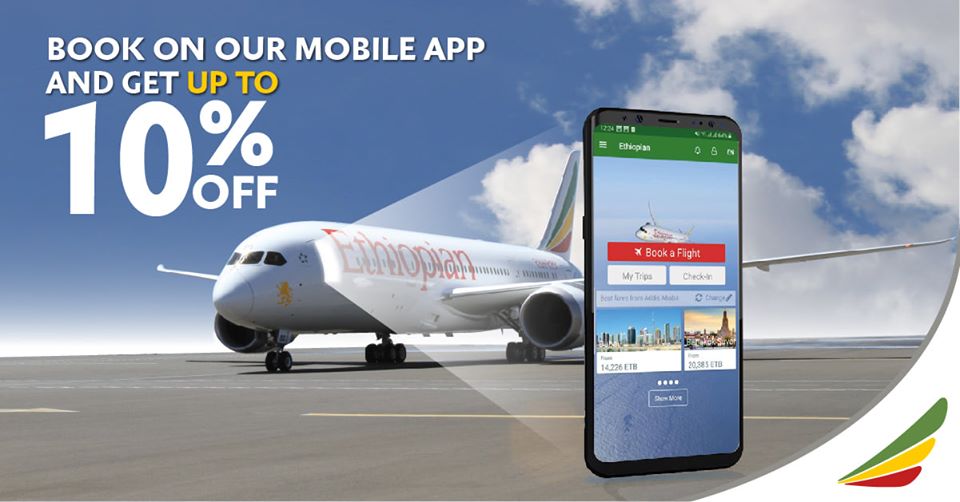 Enjoy the latest 10% off on tickets purchased on Ethiopian Mobile App. 
ios: apple.co/33e3Yxt
Android: bit.ly/2P4mvUx
#flyethiopian #Godigital #flywithconfidence #VisitRwanda