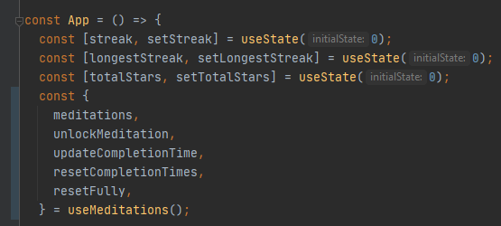 Using this in App.js it's now much more clear what changes can be mande on which screen. The components themselves can use the much simpler API these setters offer and don't need to concern themselves with localStorage.