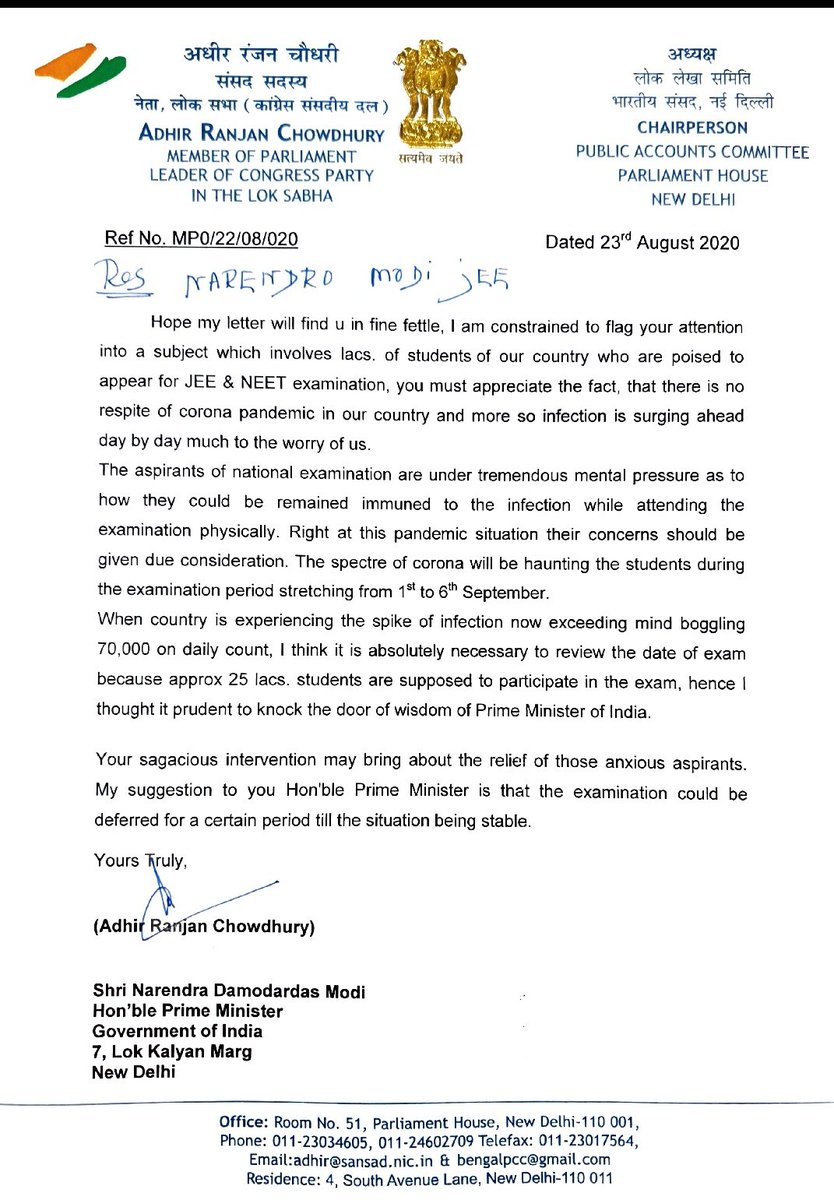 Congress Party Leader in Lok Sabha Adhir Ranjan Chowdhury writes to PM  @narendramodi seeking postponement of  #NEET_JEE  @adhirrcinc  #NEET2020  #NEETJEEpostponekaro  #StudentsKeMannKiBaat  #StudentsLivesMatters