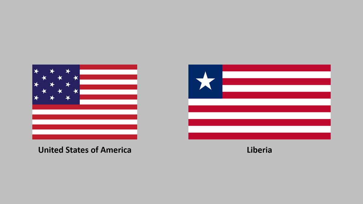 Bendera Liberia pun dekat-dekat dengan bendera US sebab negara ini ditubuhkan oleh bekas hamba berkulit hitam US pada tahun 1842. Diorang lari dari US, balik ke Afrika dan menubuhkan negara baharu dengan nama Liber (bebas).