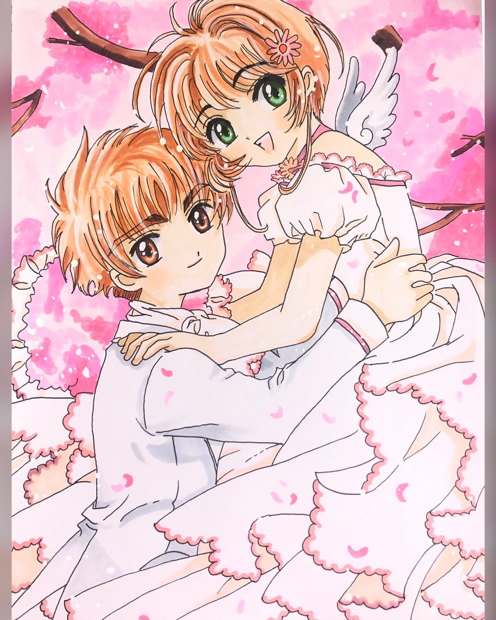 Sakuko 小狼 Amp さくら Ccさくらの絵の中でも特に1番好きな絵を描いてみました 小狼とさくらと真っ白なドレスと燕尾服と背景の桜がたまりません カードキャプターさくら コピックイラスト コピック 木之本桜 李小狼 しゃおさく
